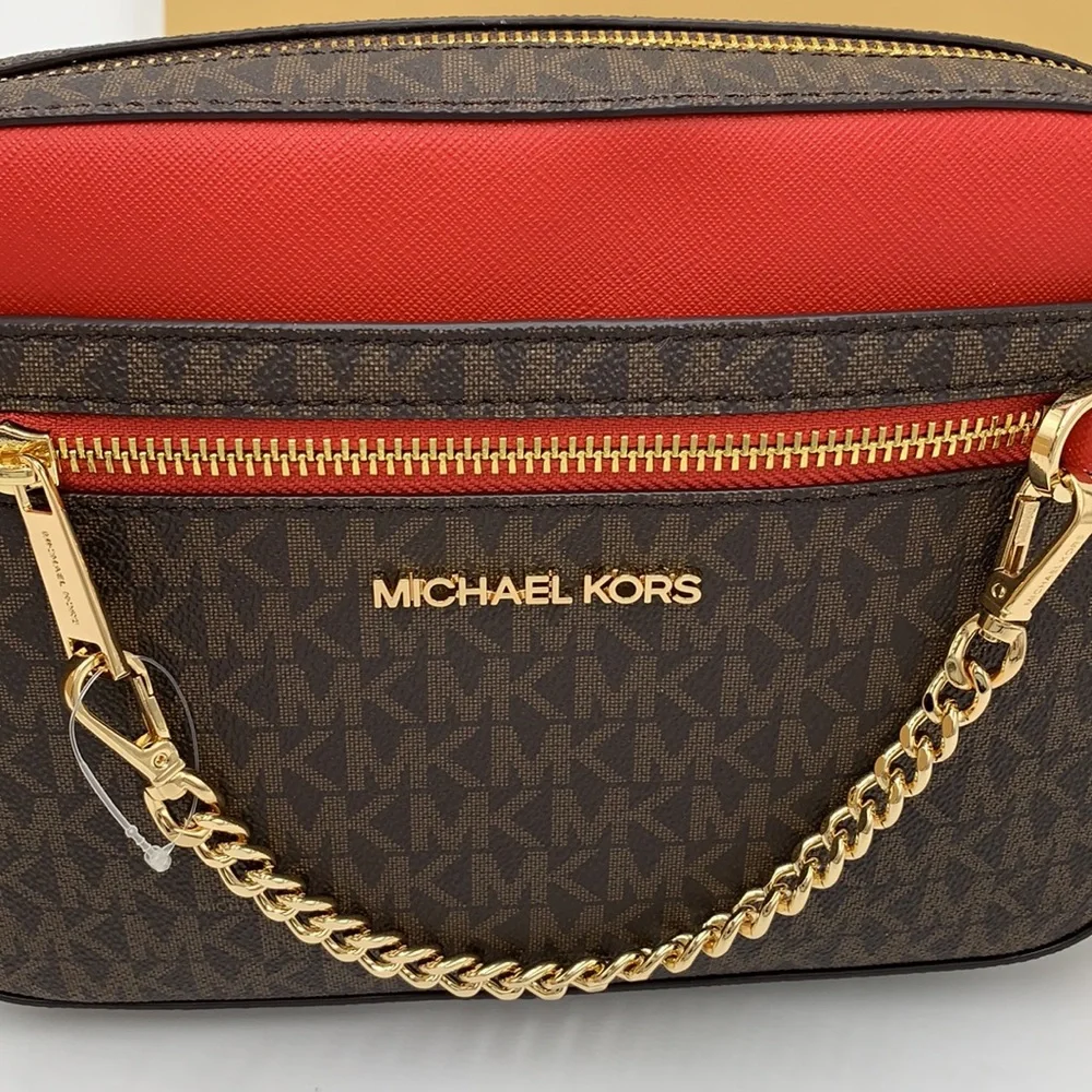 MICHAEL KORS LARGE EAST WEST ZIP CHAIN XBODY FLAME MULTI/ BROWN - Picture 9 of 16